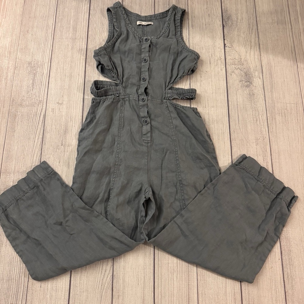 Zara Kids Girl Jumpsuit With Buttons Cut-out Detail Blue Size 13-14 100% Linen